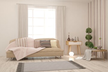 White living room with sofa. Scandinavian interior design. 3D illustration