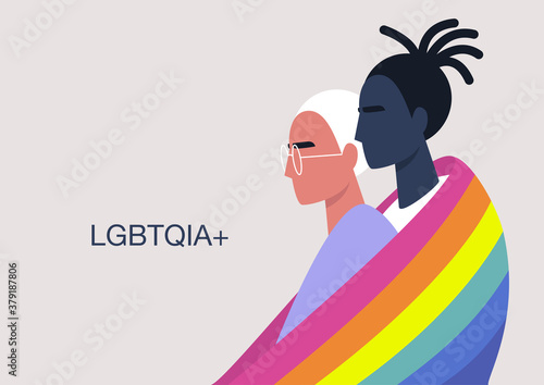 Fotografía A couple of young hugging characters covered with the LGBTQ+ rainbow flag, same