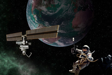 Wall Mural - Iss exploration mission with an astronaut next to the earth Elements of this image furnished by NASA