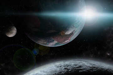 Wall Mural - High quality blue Deep space beauty, planets, stars and galaxies in solar system with the sun in the universe. Elements of this image furnished by NASA