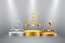 Winner Background With Golden, Silver And Bronze Laurel Wreaths With Ribbons And First, Second And Third Place Signs On Round Pedestal Isolated On Gray. Vector Winner Podium Sports Symbols.