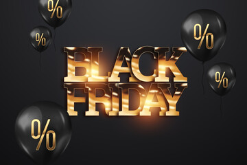 Wall Mural - Black Friday sale lettering in gold letters. Flyer, banner, poster, gold on a dark background. Copy space, 3D illustration, 3D render.