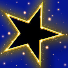 Wall Mural - vector illustration of golden star shape is glowing and isolated with shiny glittering dust and blue