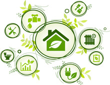 Eco Friendly Remodelling Or Construction / Energy Efficient Renovation Vector Illustration. Concept With Icons Related To Sustainable Green Home Improvement, Ecological Restoration Or Interior Design.