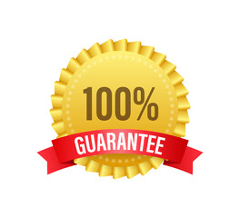 Ribbon with gold 100 guarantee. Banner sale. Business circle. Approval icon. Vector stock illustration.