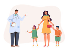 Mother Character With Two Children Taking Doctor Consultation. Vector Flat Graphic Design Illustration