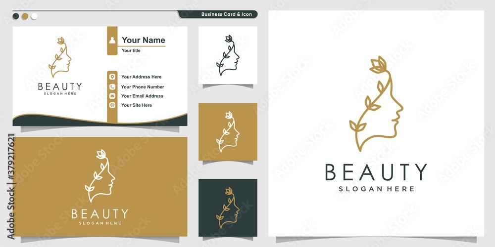 Woman logo with beauty flower line art style and business card design ...