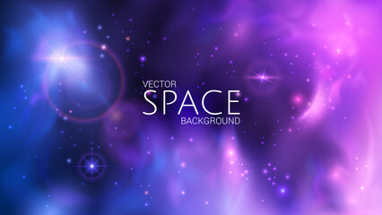 Wall Mural - Futuristic vector image of outer space. Blue and purple blurred abstract background with reаlistic nebulae, shining stars and distant planets. Infinity of the universe. Mysterious galaxies. .