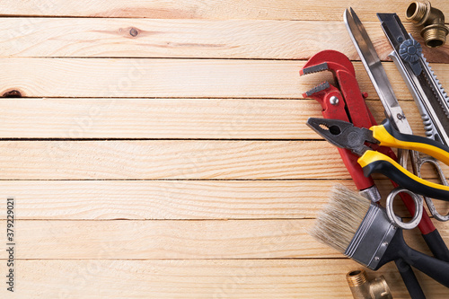 Cuadros en Lienzo handyman and repairman accessories for repairing on a wooden desk background