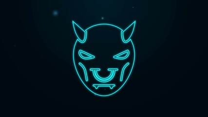 Sticker - Glowing neon line Mask of the devil with horns icon isolated on black background. 4K Video motion graphic animation