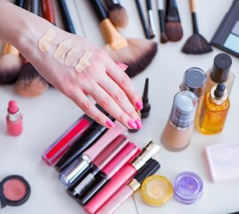 Wall Mural - Collection of make up products displayed on the table