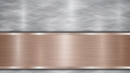 Background consisting of a silver shiny metallic surface and one horizontal polished bronze plate located below, with a metal texture, glares and burnished edges