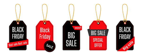 Wall Mural - Black Friday sale tag template set. Advertising price stickers banner of sales, promotion blank price collection. Super sale and discount. Isolated vector illustration
