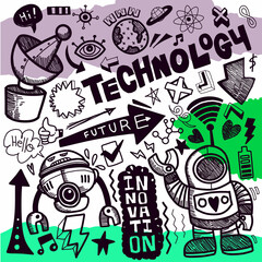 Wall Mural - Technology  doodle drawing collection.Hand drawn vector doodle illustrations in colorful cartoon style.