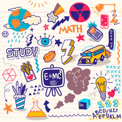 Sticker - School clipart. Vector doodle school icons and symbols. Hand drawn studying education objects