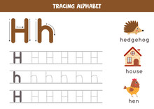 Tracing Alphabet Letter H With Cute Cartoon Pictures.