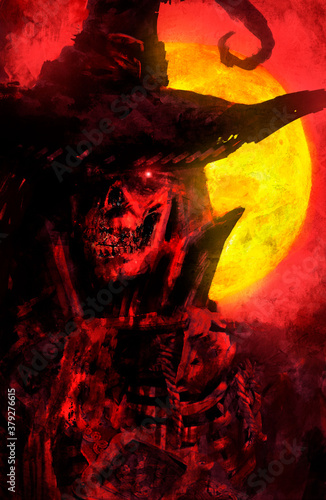 Fotomural A creepy, bloody, sinister skeleton in a hat with a bright demonic eye looks at the viewer with fury and passion against the background of a bright yellow moon