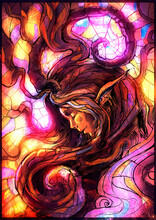 A Cute Young Demon Girl With A Beautiful Face, Long Spiral Horns, Serenely Closed Her Eyes Against The Background Of A Bright Yellow-violet Stained Glass Window. 2D Illustration