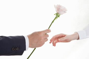 man giving woman a rose on white background