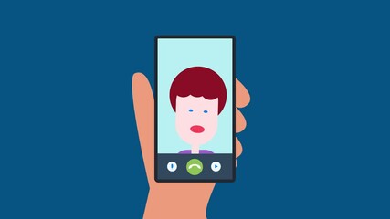 Wall Mural - incoming video call, virtual talking, live video conferencing on smartphone screen, hand holding mob