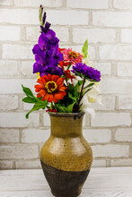 Zinnias Against Brick Wall Free Stock Photo - Public Domain Pictures