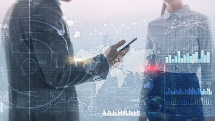 Wall Mural - financial dashboard. man with a mobile phone and a woman nearby