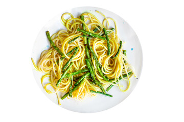 pasta spaghetti green bean asparagus sauce noodles second course vegetarian serving size top view copy space for text food background rustic