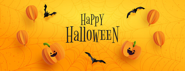 Aufkleber - Halloween pumpkins,balloons and flying bats on orange background paper cut style.