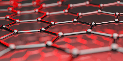 Wall Mural - Graphene molecular nano technology structure on a red background - 3d rendering