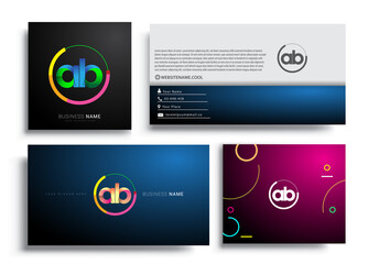 Letter AB logotype with colorful circle, letter combination logo design with ring, sets of business card for company identity, creative industry, web, isolated on white background.