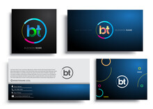 Letter BT Logotype With Colorful Circle, Letter Combination Logo Design With Ring, Sets Of Business Card For Company Identity, Creative Industry, Web, Isolated On White Background.