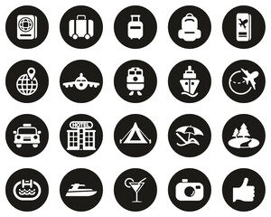 Canvas Print - Travel Or Vacation Icons White On Black Flat Design Circle Set Big