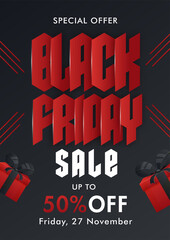 Wall Mural - Black Friday Sale Template or Poster Design with 50% Discount Offer and Gift Boxes.