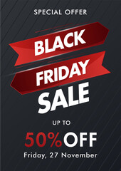 Sticker - Black Friday Sale Template or Flyer Design with 50% Discount Offer on Strip Pattern Background.