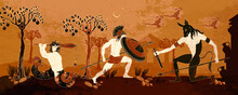Ancient Greece Banner. Hunting For A Minotaur. Classical Medieval Style. Vector Illustration