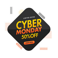 Wall Mural - Cyber Monday Sale Poster Design with 50% Discount Offer on Black Square Shape and White Background.