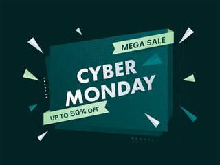 Poster - Cyber Monday Mega Sale Poster Design with 50% Discount Offer on Dark Green Background.