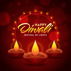 Sticker - Happy Diwali Font with Illuminated Oil Lamps (Diya) and Round Shape Lighting Garland on Dark Red Bokeh Background.