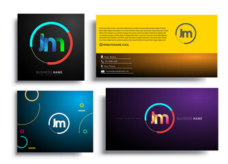 Letter JM logotype with colorful circle, letter combination logo design with ring, sets of business card for company identity, creative industry, web, isolated on white background.