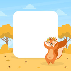 Sticker - Cute Squirrel in Wreath of Colorful Leaves with Blank Empty Banner, Wild Animal Character on Autumn Landscape Vector Illustration