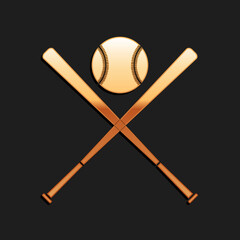 Gold Crossed baseball bats and ball icon isolated on black background. Long shadow style. Vector.