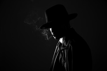 Wall Mural - Old fashioned detective smoking cigarette on dark background, black and white effect