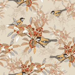 Seamless vector pattern with birds titmouse and branches with berries