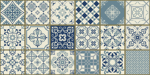  Collection of 18 ceramic tiles in turkish style. Seamless colorful patchwork from Azulejo tiles. Portuguese and Spain decor. Islam, Arabic, Indian, Ottoman motif. Vector Hand drawn background