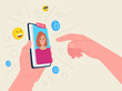 © Art Alex - Hand holding phone with female avatar. Social media concept. Vector illustration.