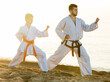 Man and boy in uniform practising karate poses at sunny seaside