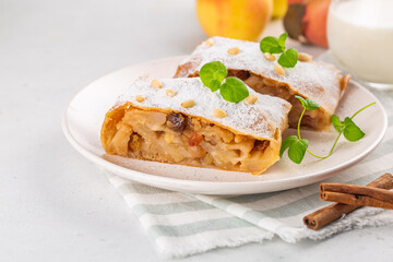 Poster - Alpine apple strudel with raisins,  peanuts and cinnamon. South Tyrol recipe. Light background.