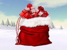 Big Santa Claus Bag For Christmas In Winter Landscape- 3D Render