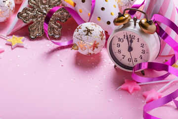 Poster - card with christmas decoration in pink background