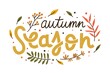© Good Studio - Autumn season composition with colorful hand drawn lettering vector flat illustration. Fall phrase with decorative design elements isolated. Handwritten slogan with seasonal leaves and branches